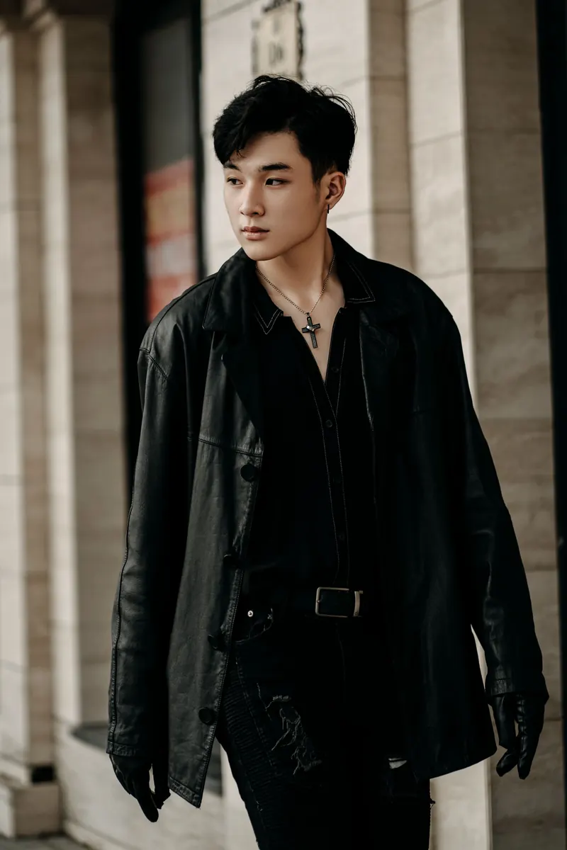 Jeune homme mince en tenue toute noire et long manteau de cuir entre des colonnes de pierre