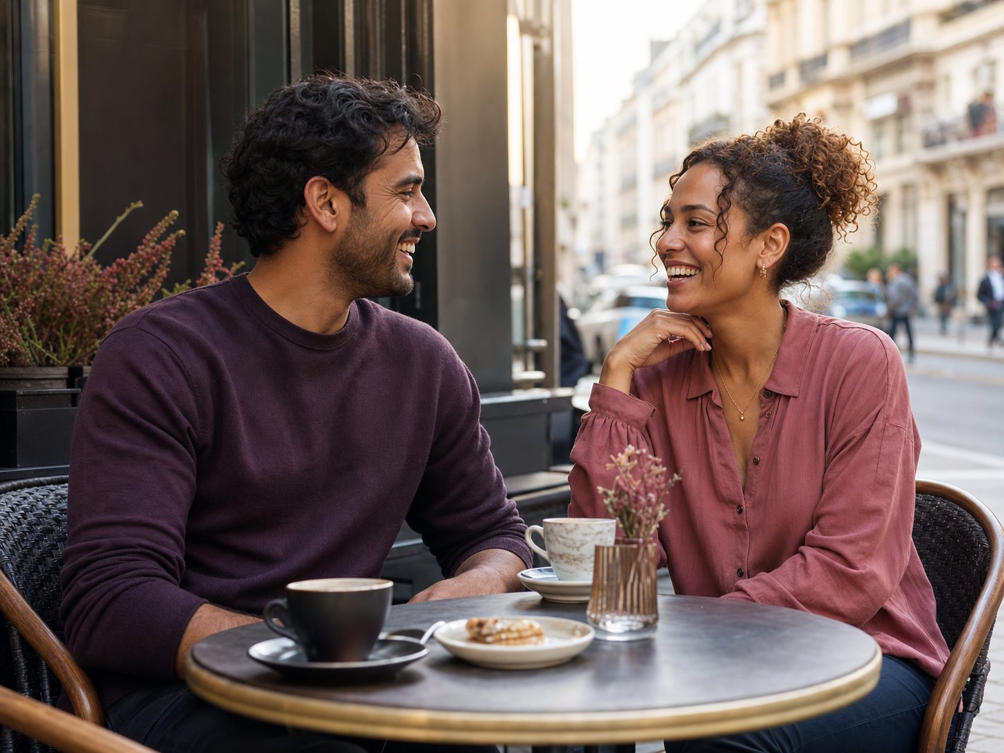 Deux personnes partageant un moment complice à la terrasse d’un café